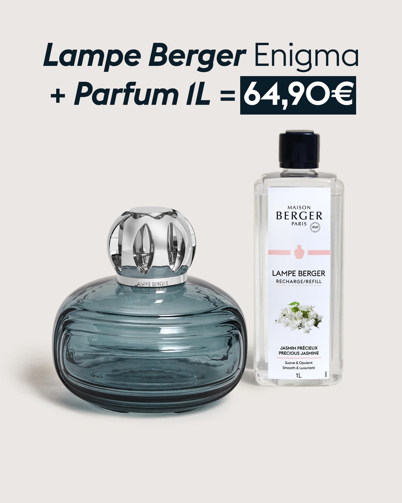 Lampe Berger Enigma Bleue + Recharge lampe Berger Jasmin Précieux 1 litre