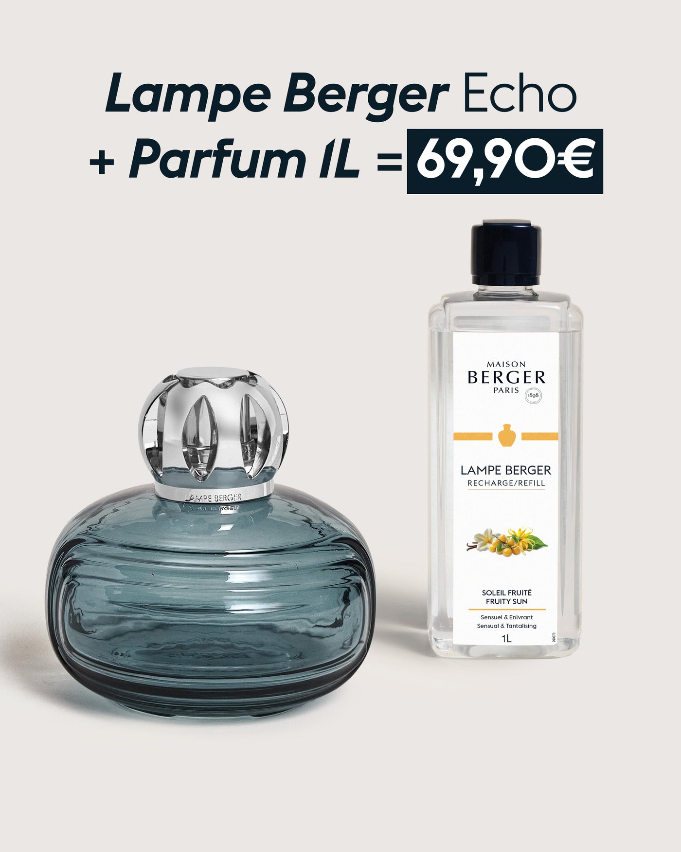 Lampe Berger Enigma Bleue + Recharge lampe Berger Soleil Fruité 1 litre