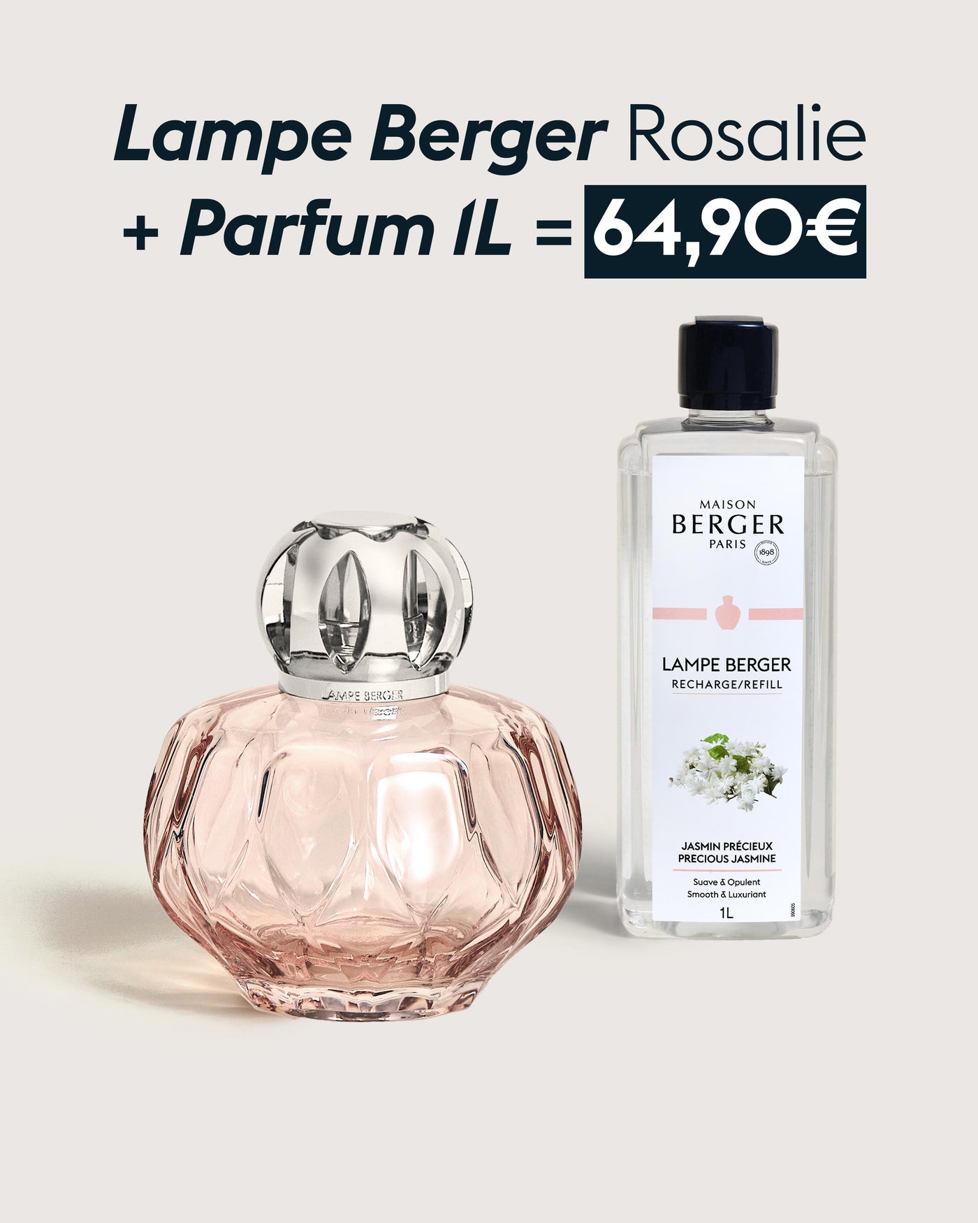 Lampe Berger Rosalie Rose + Recharge lampe Berger Jasmin Précieux 1 litre