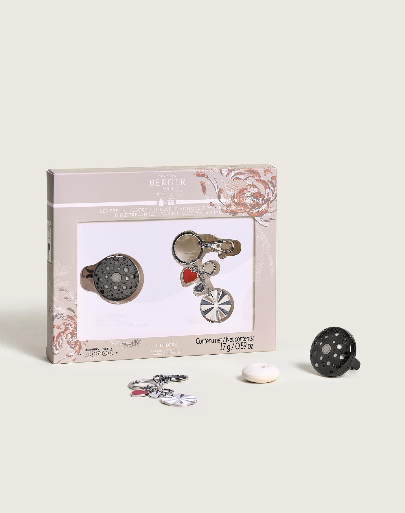 Coffret Les Petits Trésors Ophelia diffuseur voiture & porte clefs Argent/Gun Metal