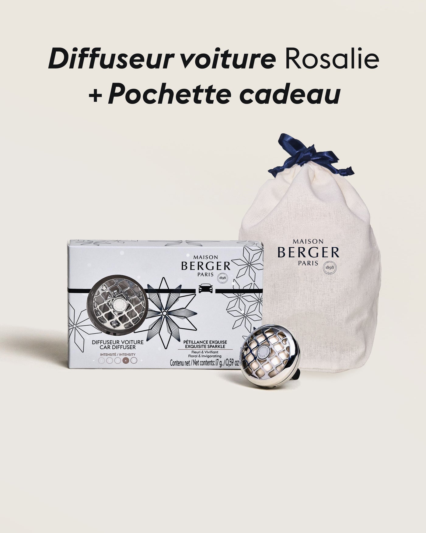 Diffuseur voiture Rosalie Pétillance Exquise + Pochette Cadeau en tissu S