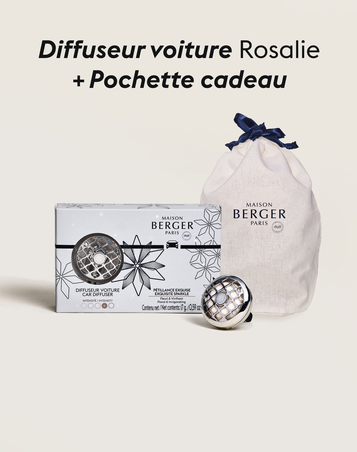 Diffuseur voiture Rosalie Pétillance Exquise + Pochette Cadeau en tissu S