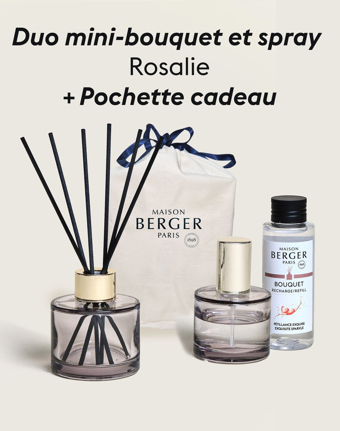 Duo mini bouquet & spray d’intérieur Rosalie Pétillance Exquise + Pochette Cadeau en tissu M