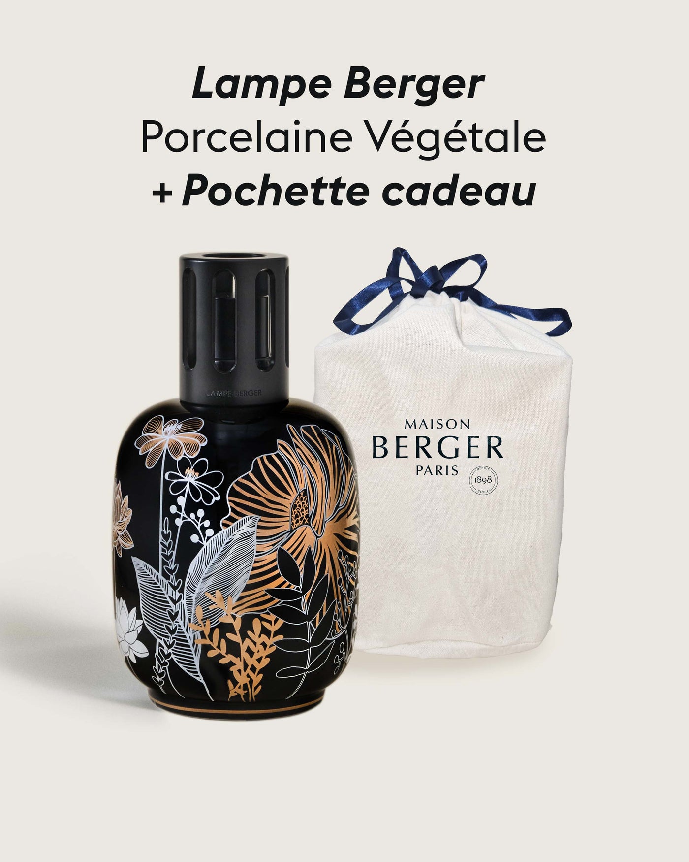 Lampe Berger Porcelaine Noire Végétale + Pochette Cadeau en tissu L