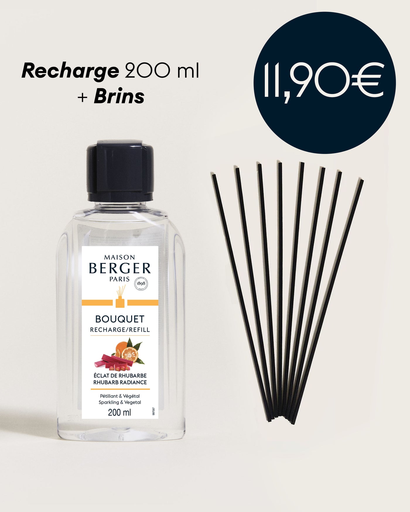 Recharge bouquet Eclat de Rhubarbe 200ml + Etui de 8 brins noirs 24cm