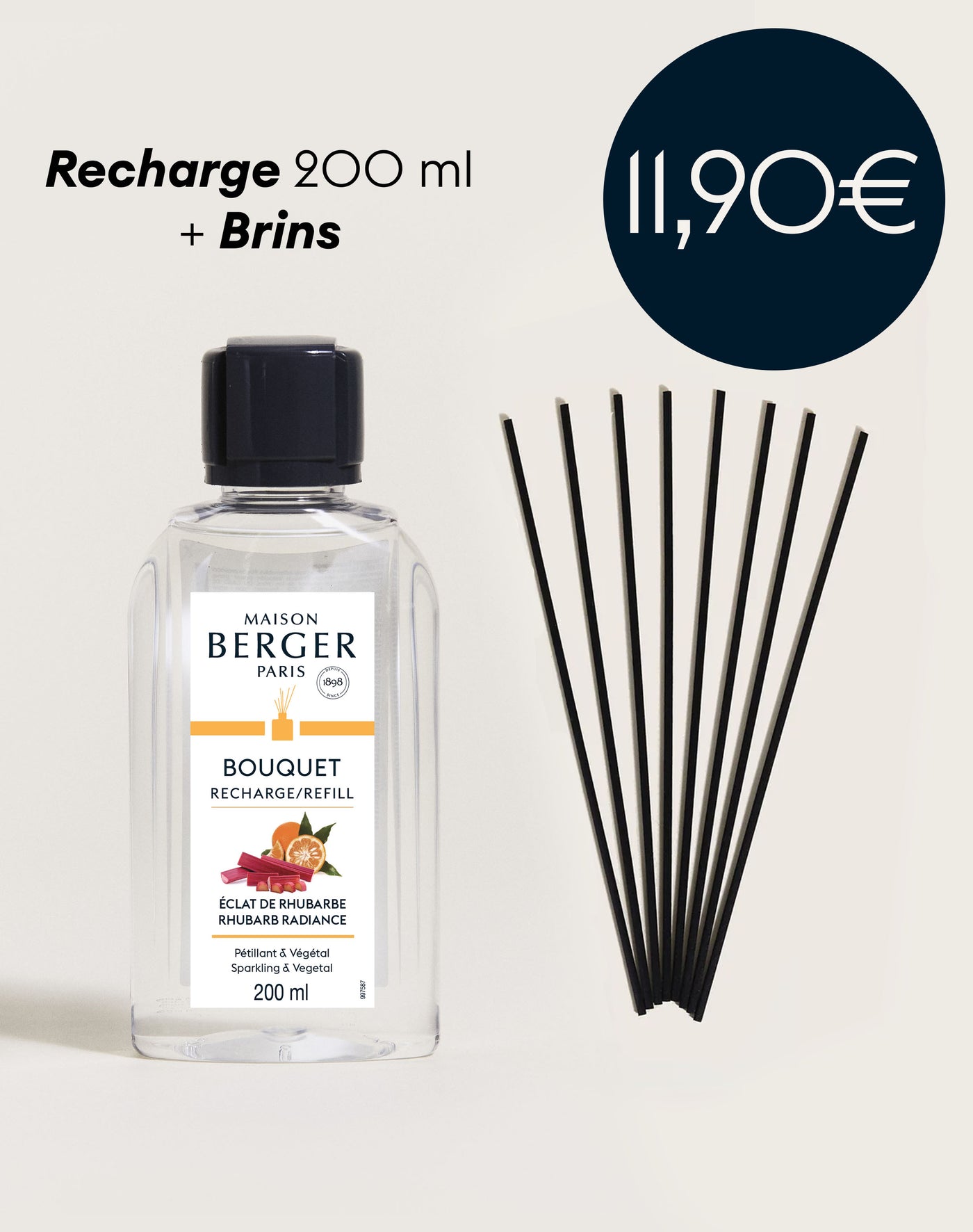 Recharge bouquet Eclat de Rhubarbe 200ml + Etui de 8 brins noirs 24cm