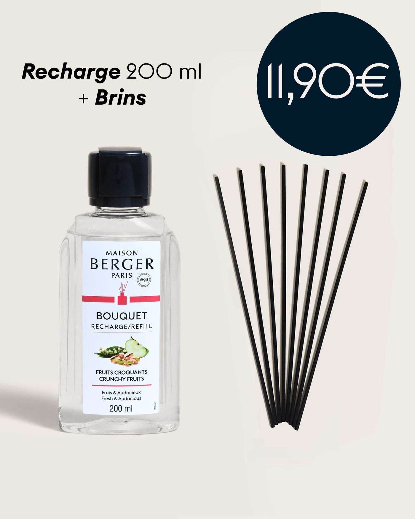 Recharge bouquet Fruits Croquants 200ml + Etui de 8 brins noirs 24cm