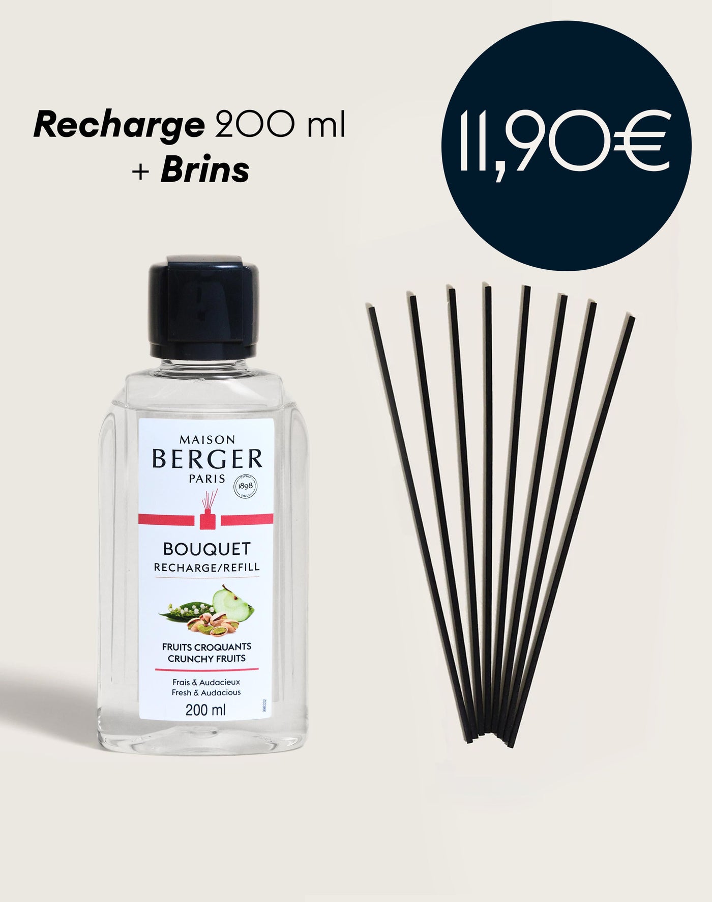 Recharge bouquet Fruits Croquants 200ml + Etui de 8 brins noirs 24cm
