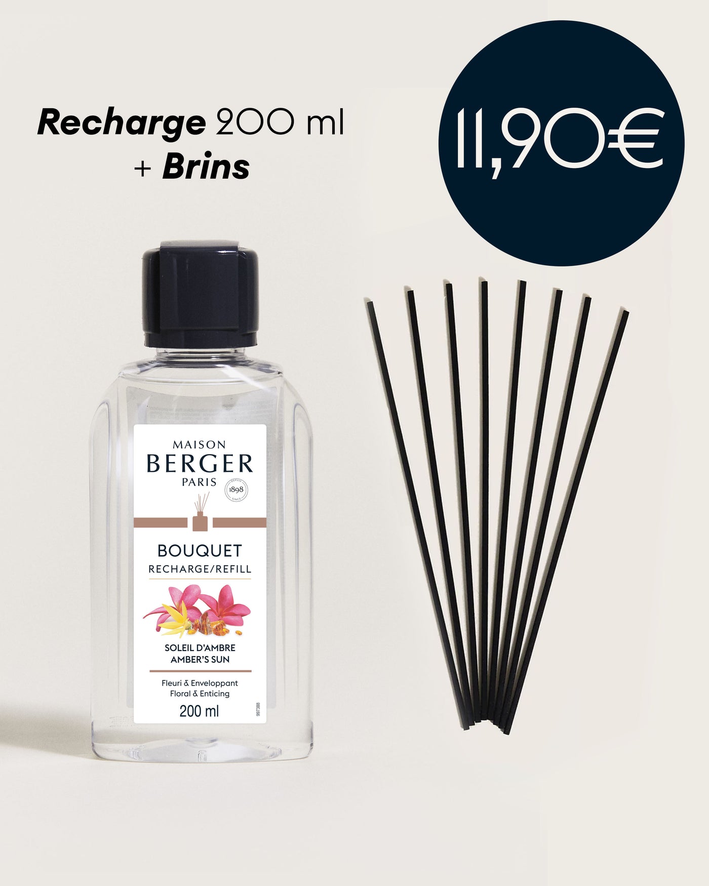 Recharge bouquet Soleil d'Ambre 200ml + Etui de 8 brins noirs 24cm