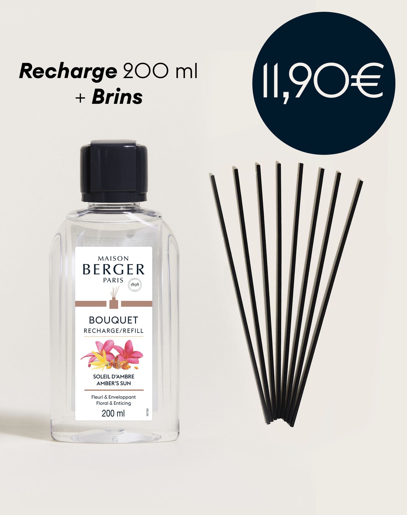 Recharge bouquet Soleil d'Ambre 200ml + Etui de 8 brins noirs 24cm