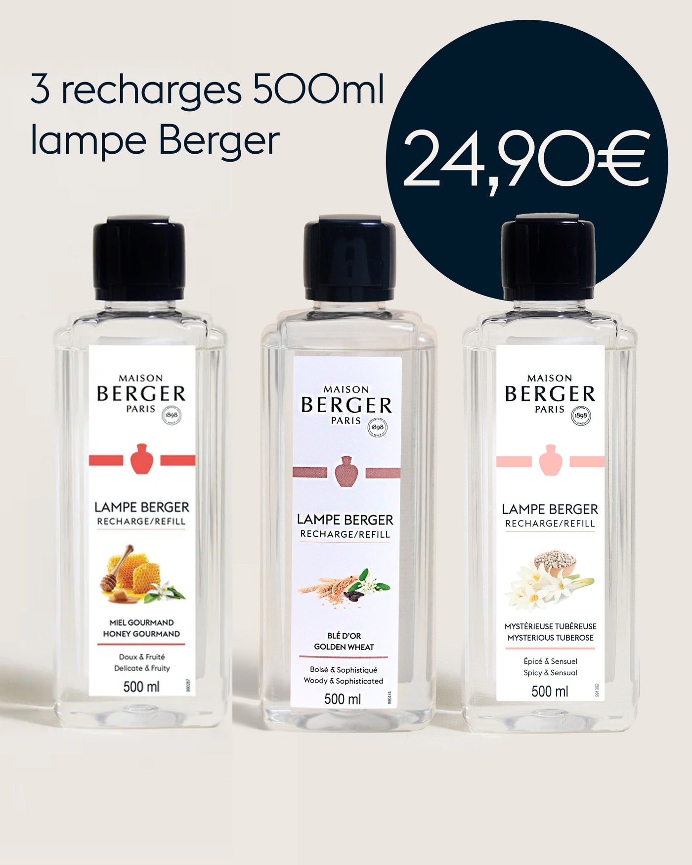 Lot de 3 recharges lampe Berger 500ml Miel Gourmand, Blé d'Or, Mystérieuse Tubéreuse