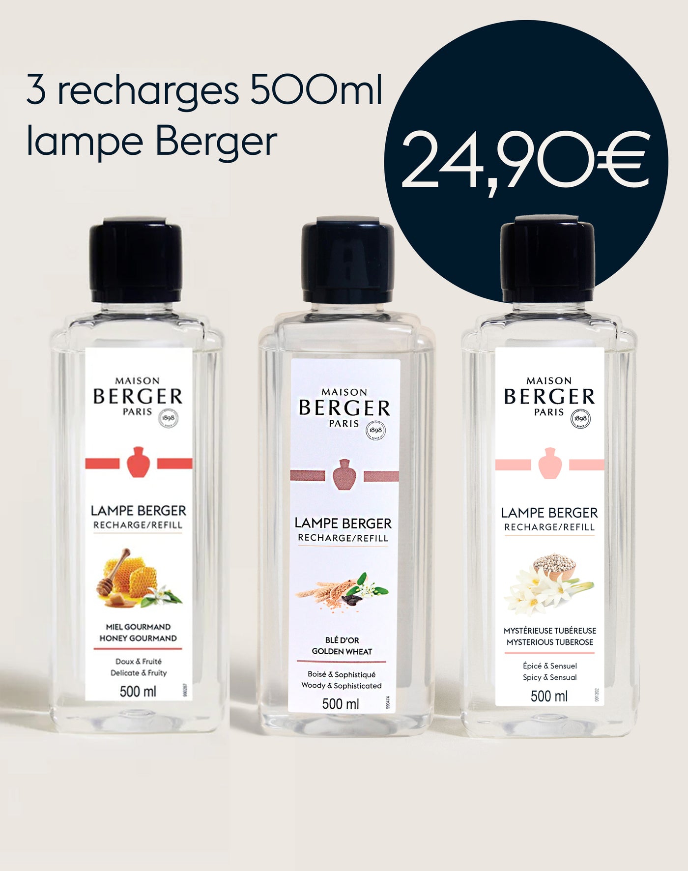 Lot de 3 recharges lampe Berger 500ml Miel Gourmand, Blé d'Or, Mystérieuse Tubéreuse