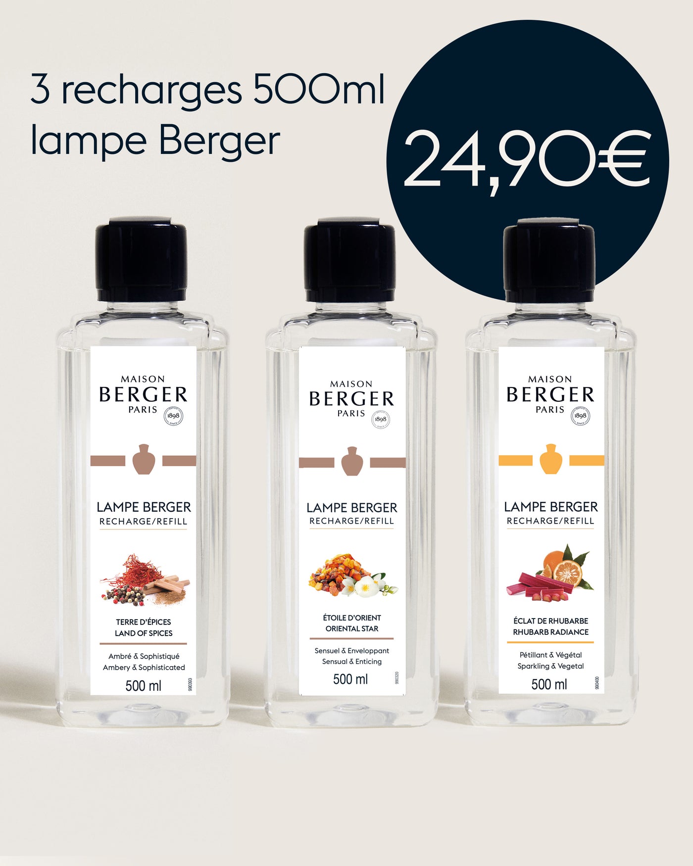 Lot de 3 recharges lampe Berger 500ml Terre d'Epices, Étoile d'Orient, Eclat de Rhubarbe