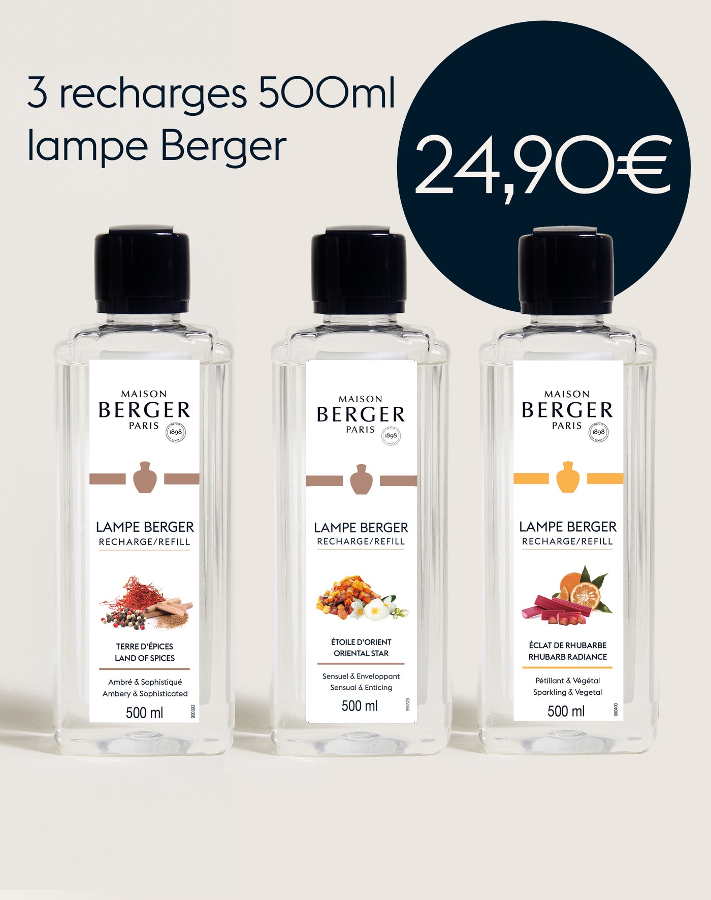 Lot de 3 recharges lampe Berger 500ml Terre d'Epices, Étoile d'Orient, Eclat de Rhubarbe