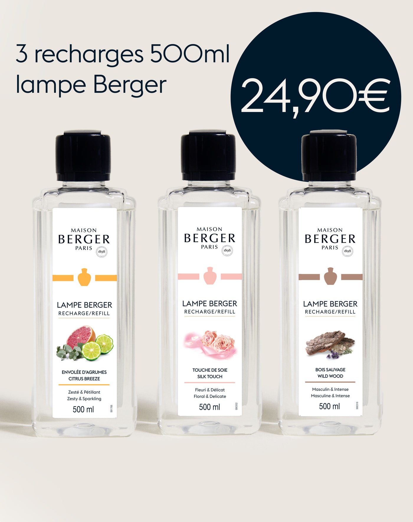 Lot de 3 recharges lampe Berger 500ml Envolée d'Agrumes, Touche de Soie, Bois Sauvage