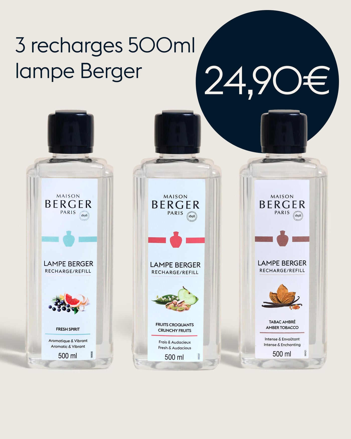 Lot de 3 recharges lampe Berger 500ml Tabac Ambré, Fruits Croquants, Fresh Spirit