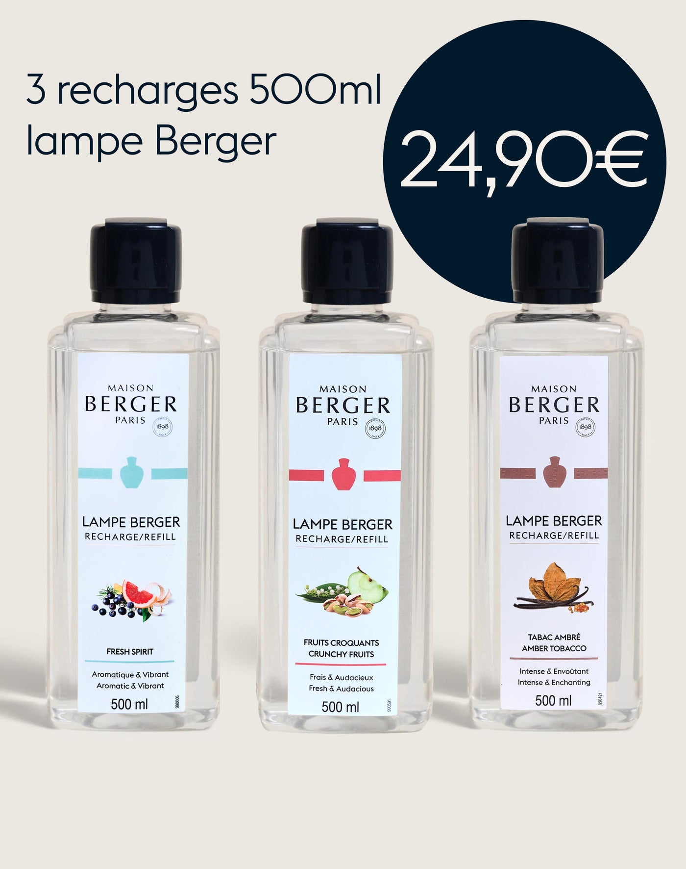 Lot de 3 recharges lampe Berger 500ml Tabac Ambré, Fruits Croquants, Fresh Spirit