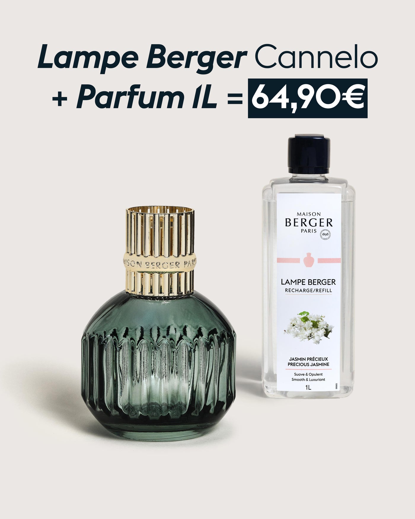 Lampe Berger Cannelo Verte + Recharge lampe Berger Jasmin Précieux 1 litre