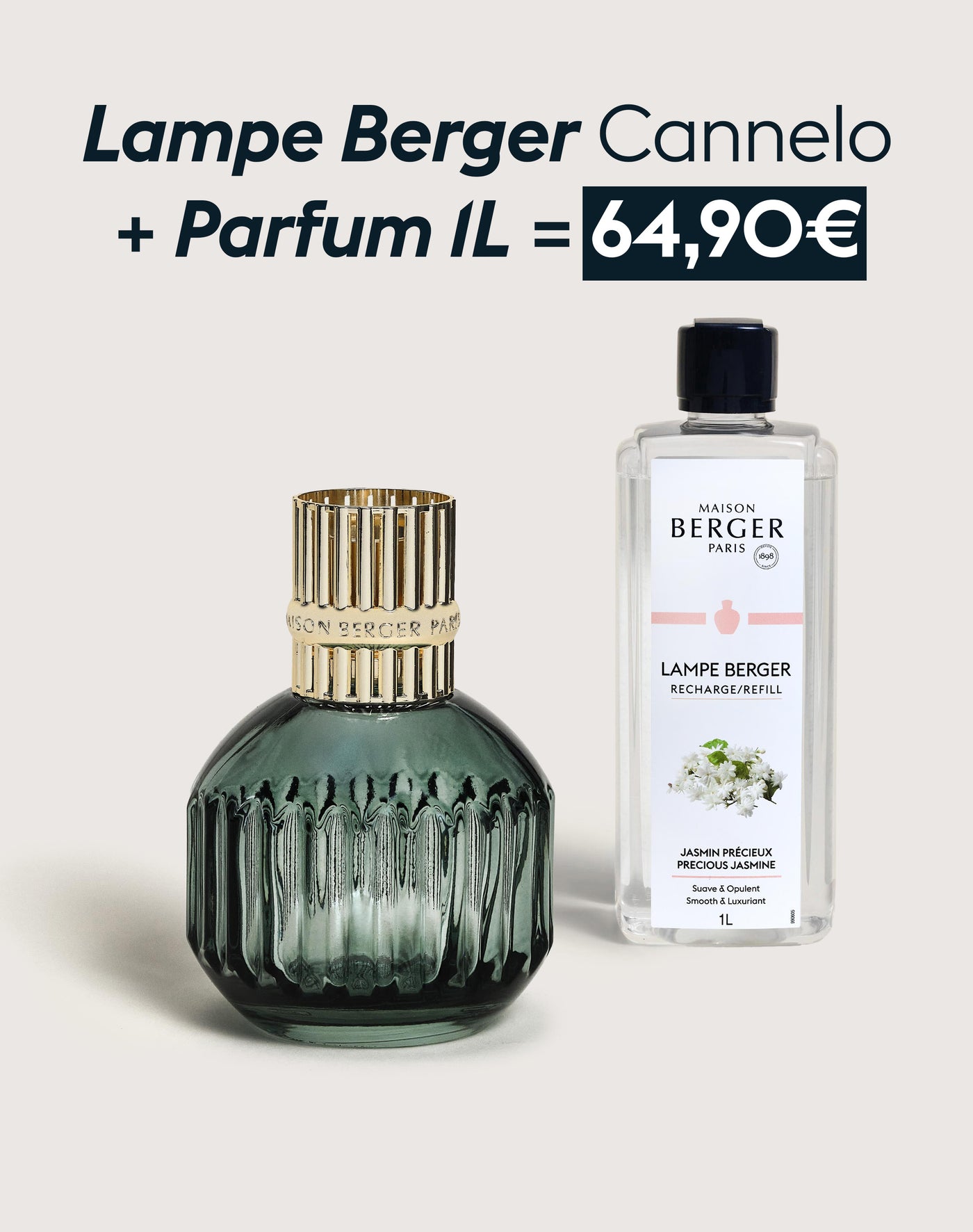 Lampe Berger Cannelo Verte + Recharge lampe Berger Jasmin Précieux 1 litre