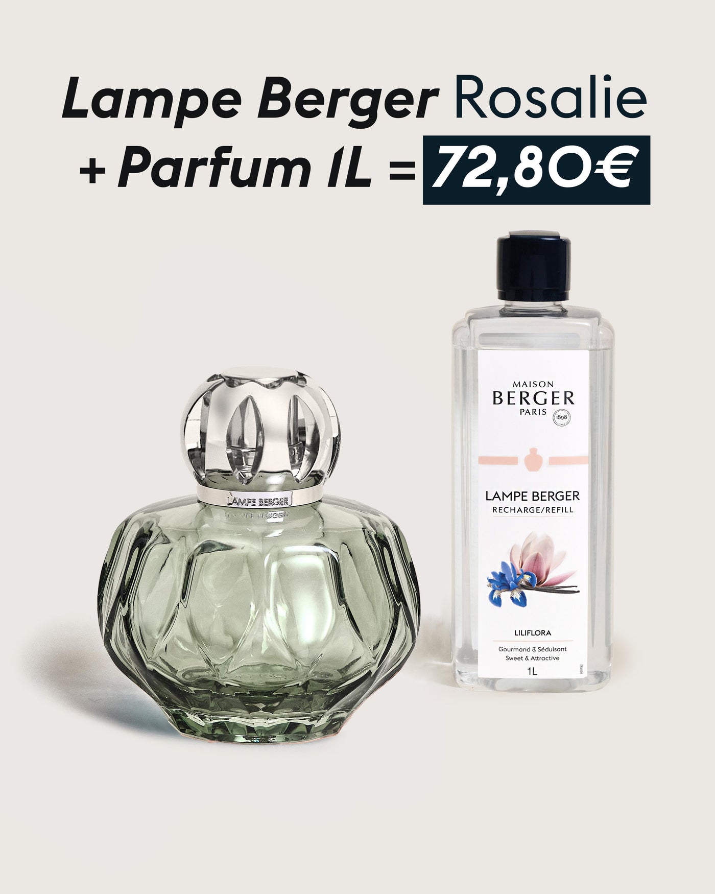 Lampe Berger Rosalie Verte + Recharge Liliflora 1 litre