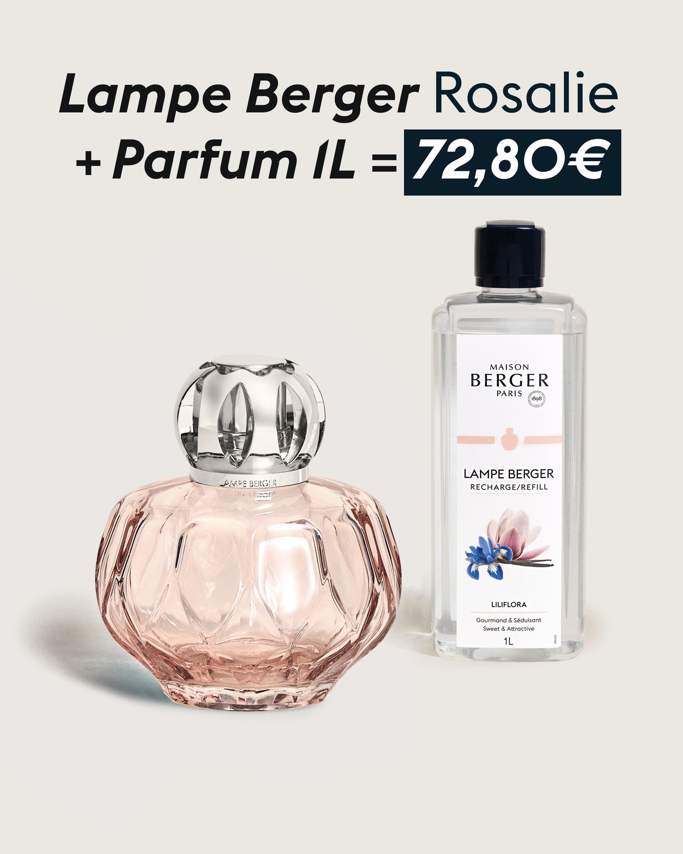 Lampe Berger Rosalie Rose + Recharge Liliflora 1 litre
