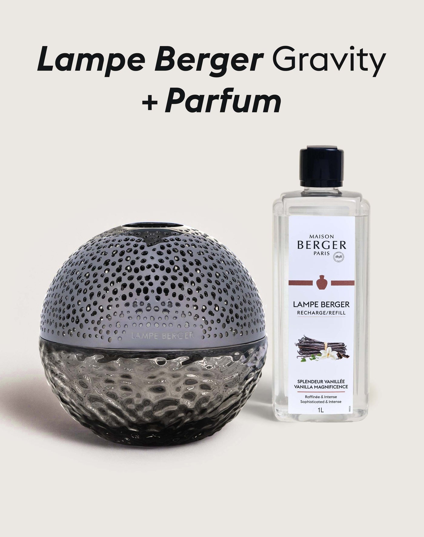 Lampe Berger Gravity Noire + Recharge Splendeur Vanillée 1 litre