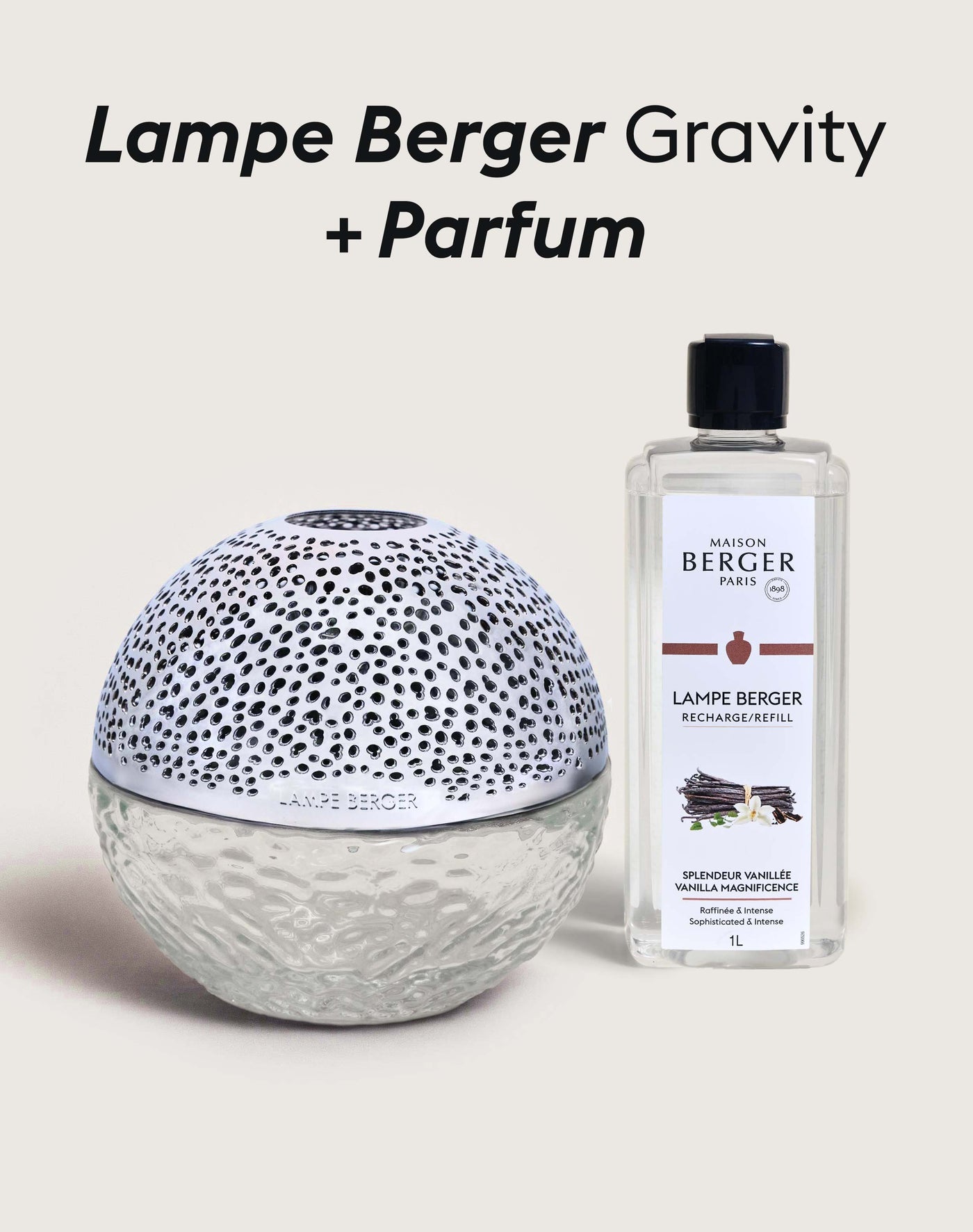 Lampe Berger Gravity Transparente + Recharge Splendeur Vanillée 1 litre
