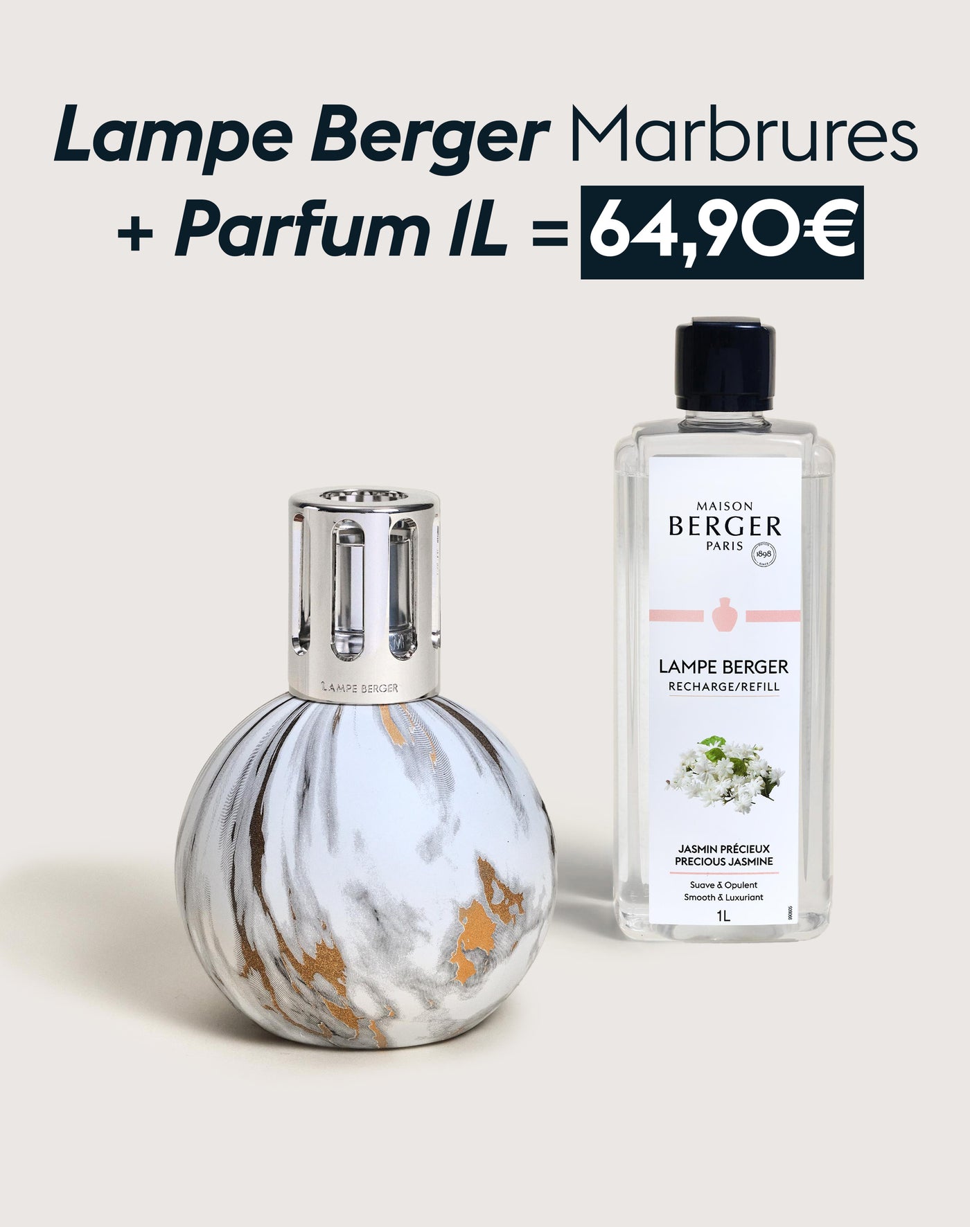 Lampe Berger Marbrure Blanche + Recharge lampe Berger Jasmin Précieux 1 litre